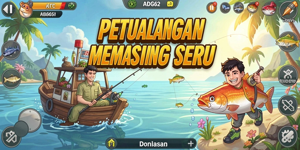 Screenshot gameplay ADG62 menampilkan aksi memancing yang seru.