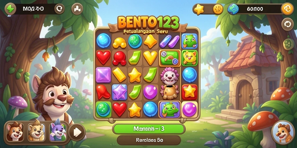 Screenshot gameplay BENTO123 menampilkan momen seru dalam permainan Match-3.