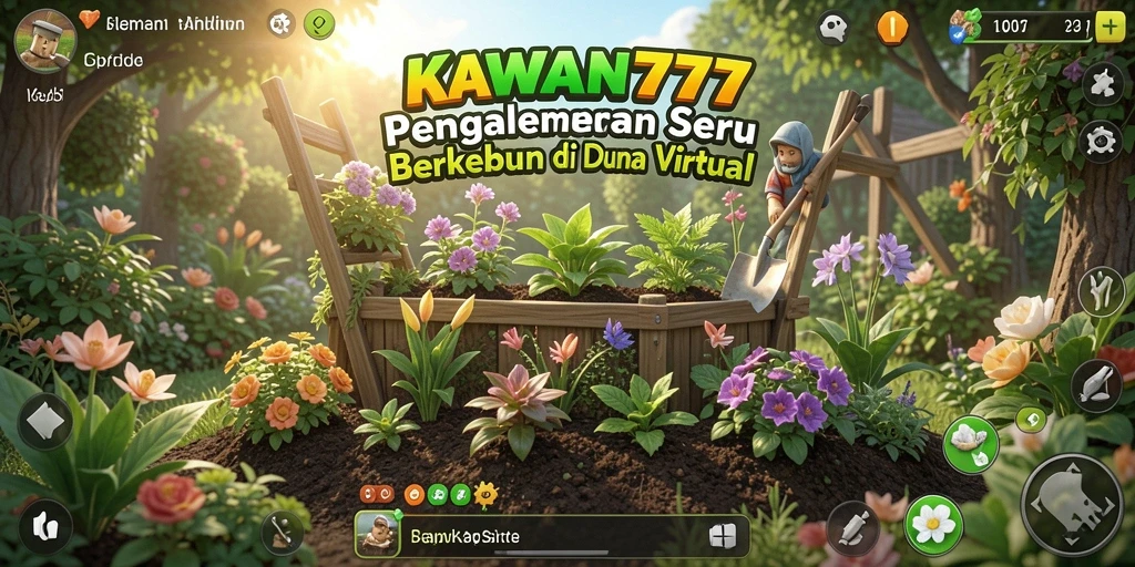 Screenshot gameplay KAWAN777 menampilkan kebun yang subur dengan berbagai tanaman.