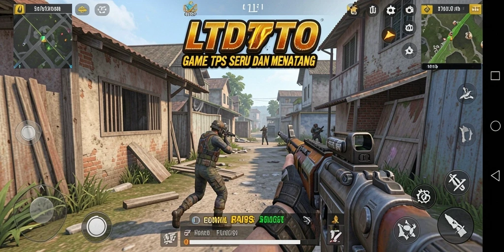 Tangkapan layar utama LTDTOTO menampilkan aksi tembak-menembak yang intens.