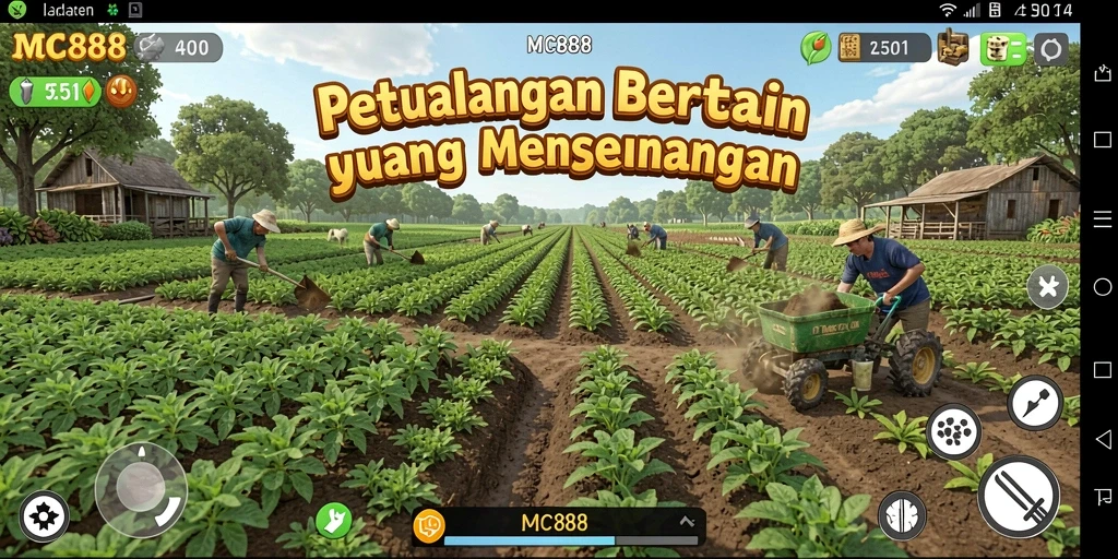 Screenshot utama MC888 menampilkan aktivitas bertani yang penuh warna dan menarik.