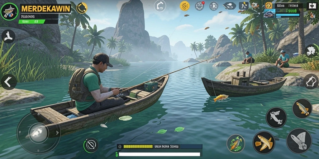 Tampilan menawan gameplay MERDEKAWIN dengan pemandangan memancing yang indah.