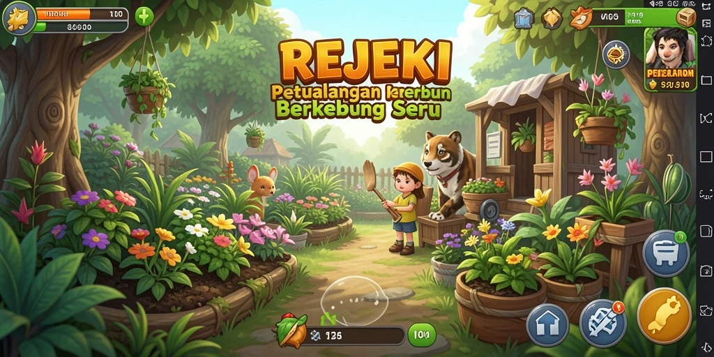 Tampilan gameplay REJEKI dengan kebun yang subur dan berwarna-warni.