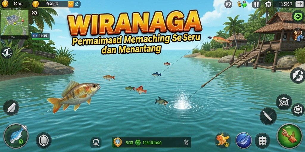 Screenshot permainan WIRANAGA menampilkan pemandangan memancing yang indah.